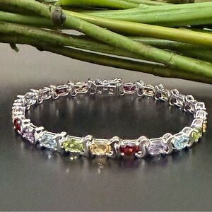 925 Sterling Silver Oval Multicolored Gemstones 7 1/2” Tennis Bracelet 11g.